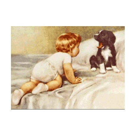 Gobelin 30x22 cm 6031 Kisgyerek kutyakölyökkel