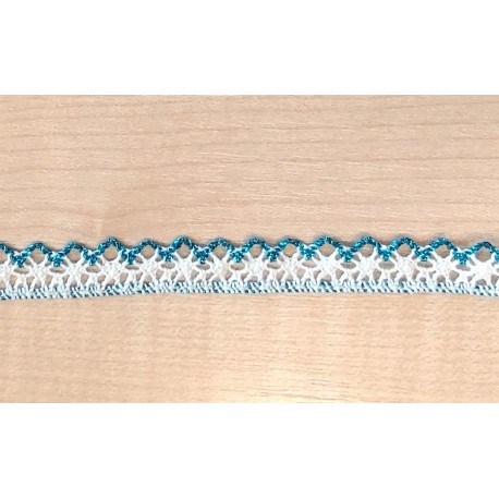 Pamutcsipke 1,3 cm fehér/metáltürkiz mintás szélcsipke