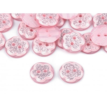 Gomb 1,3 cm rózsaszín csillámos virág