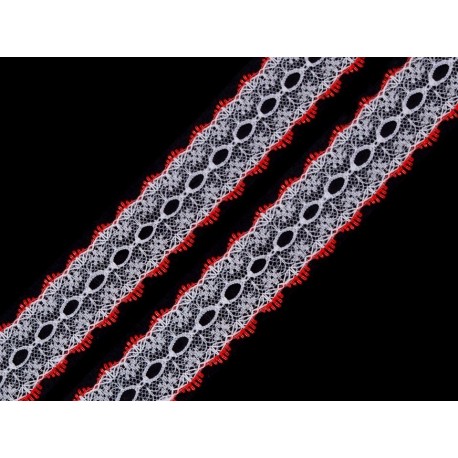 Műszálas csipke 3,5 cm fehér, piros széllel