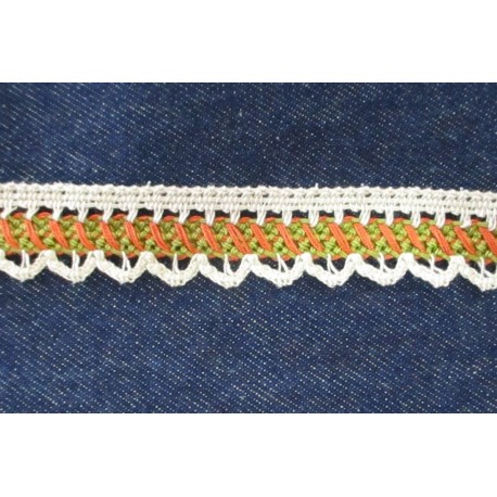 Pamutcsipke 2,2 cm drapp zöld/tégla mintás szélcsipke